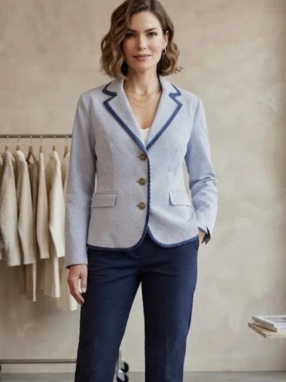 Boden Pinestriped Blue Blazer with Navy Trim, US 8 - Picture 2 of 13